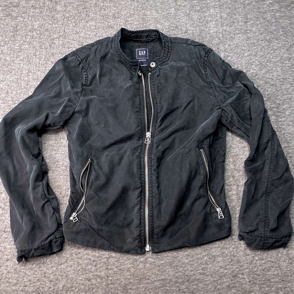 GAP Jacket Women XS Petite Black Bomber Cafe Racer Zipper Pockets Ribbed Collar